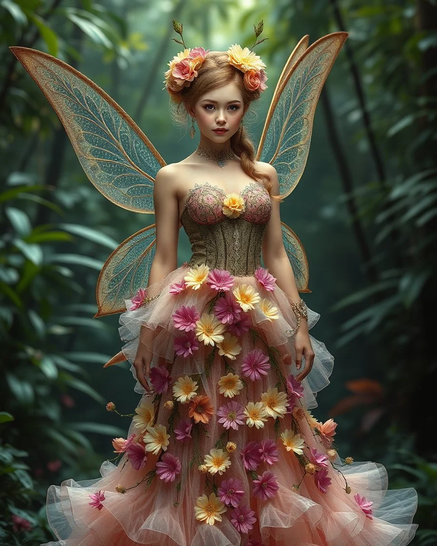 Full body Gorgeous Digital Photography Realistic full dress steampunk classic pixie flowers with a resemblance to Beautiful woman Tinkerbell, beauty sharp contrast colors,jungles background,digital fantasy art