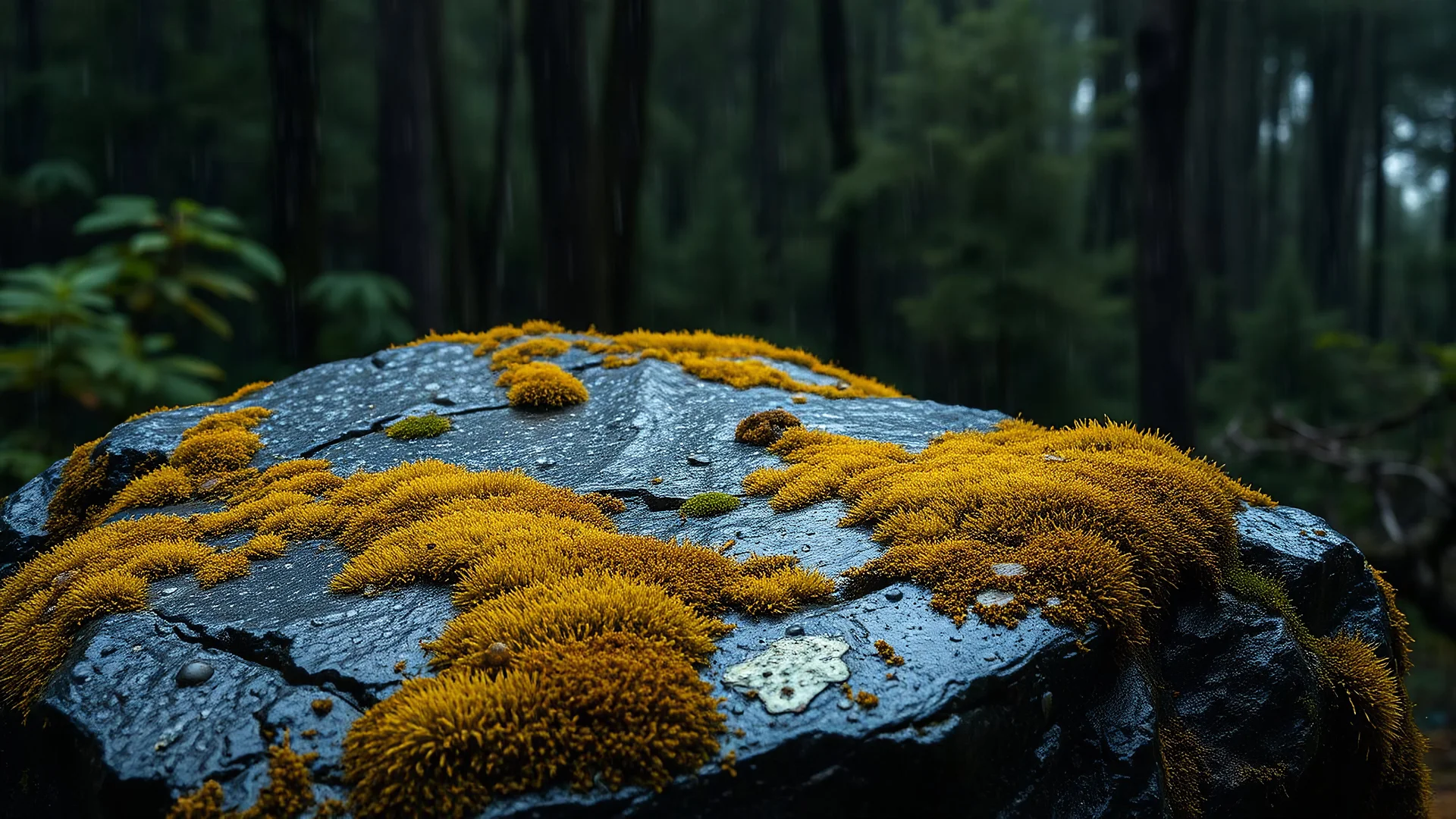 a dramatic sceneof a wet rock with spagnum moss and lichens in a dense FIR forest under the rain. The background should feature raindrops falling around.