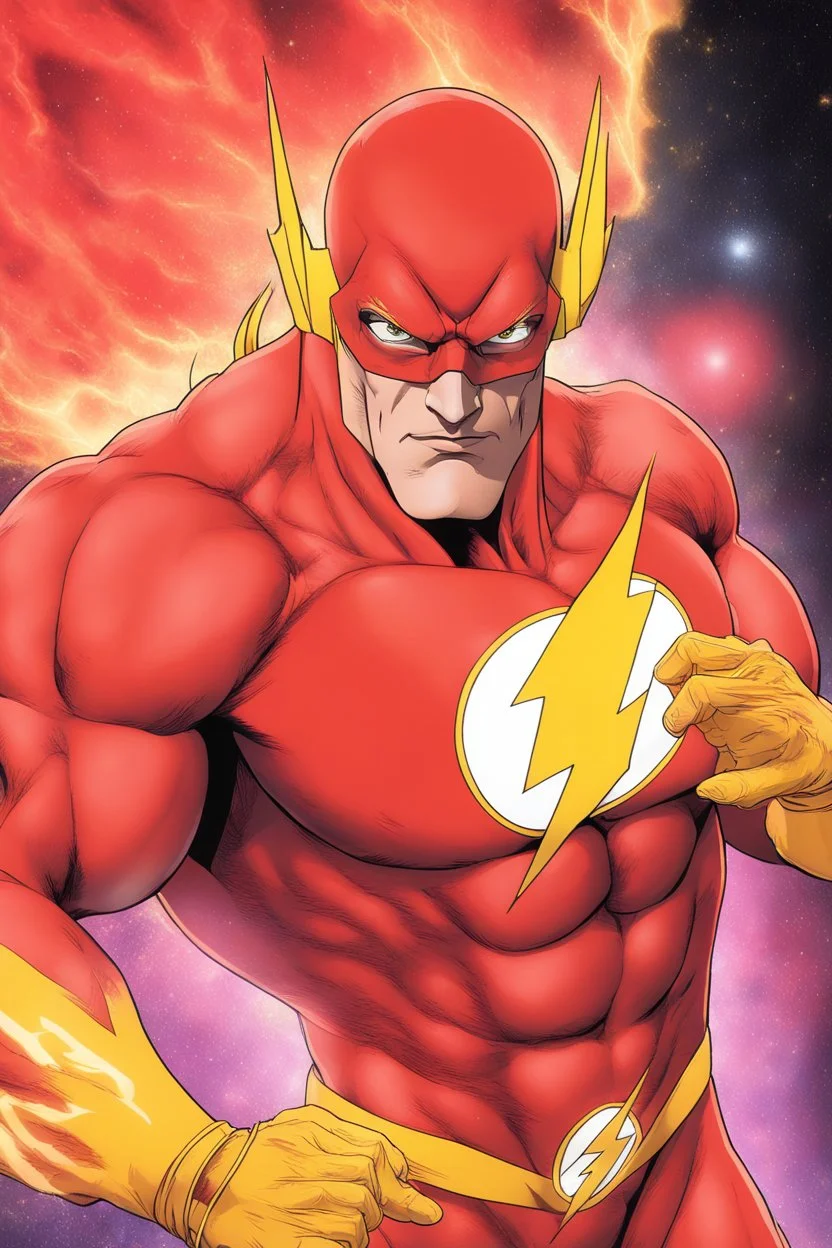 close-up, Head and shoulders portrait of an extremely muscular Johnny Bravo as the Flash wearing red, bandit eye mask, a bright red spandex flash suit with gold boots, and gold wrist gauntlets, standing up straight, with his arms at his sides, looking directly into the camera, extremely colorful, multicolored lightning, outer space, planets, stars, galaxies, fire, explosions, smoke, volcanic lava, craggy mountain peaks in the background, 32k UHD, 1080p, 1200ppi, 2000dpi, highly detailed, extreme