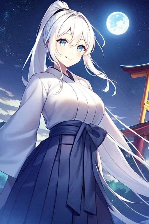 girl, masterpiece, best quality, cinematic lighting, detailed outfit, vibrant colors, perfect eyes, white hair, blue eyes, long hair, ponytail, hakama, shrine, smile, looking down, night sky, starry sky, full moon,