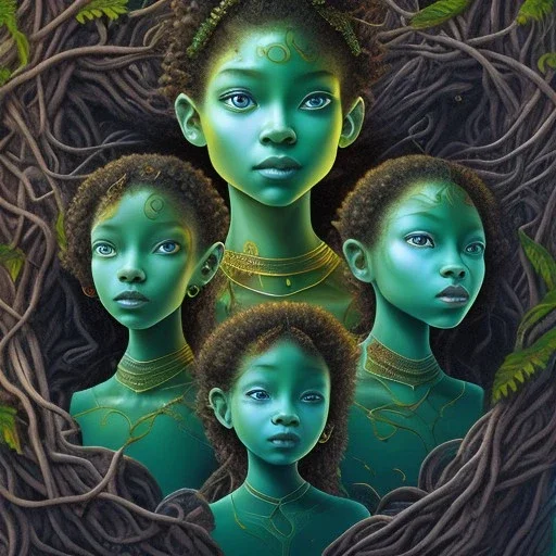 Painting .three women. A mother. Two daughter. Twins. A mother with her children the faces of three young black women. wood nymphs emerging from the forest. Her hair looks like vines. Dreadlocs. Her skin is the colour of dark soil. Her skin looks like tree bark. Her clothing is made of vines, grass and leaves.