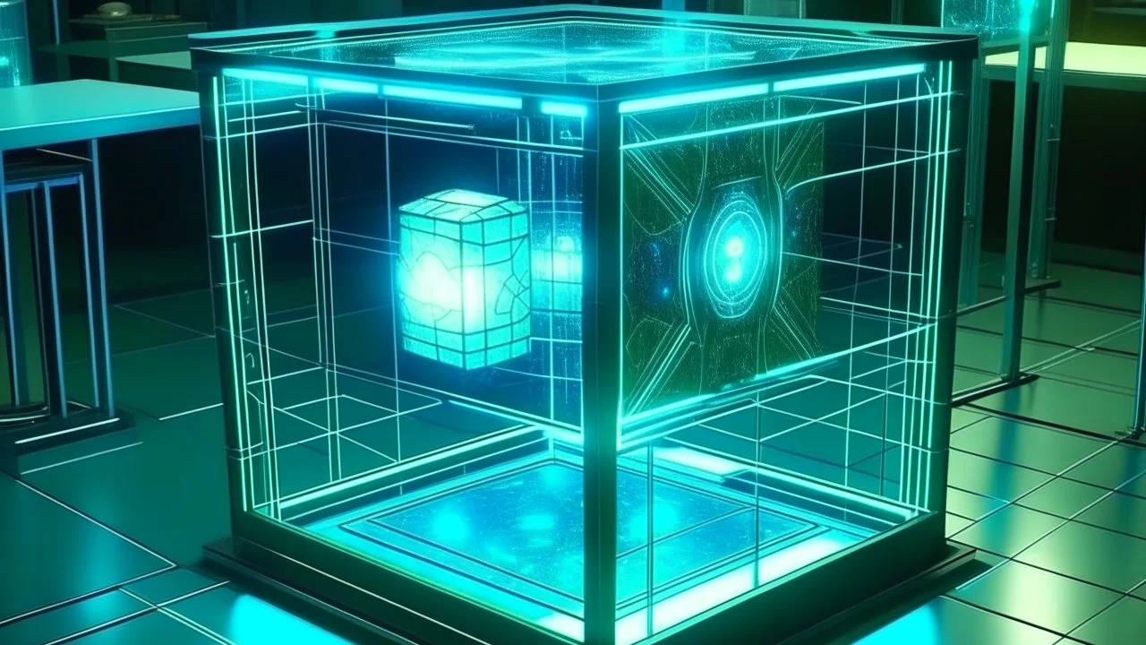 Cube tesseract from movie Loki. Located strictly in the middle of picture with space around it and with navy blue/green glow inside tesseract. Without surface/table on which it stay.