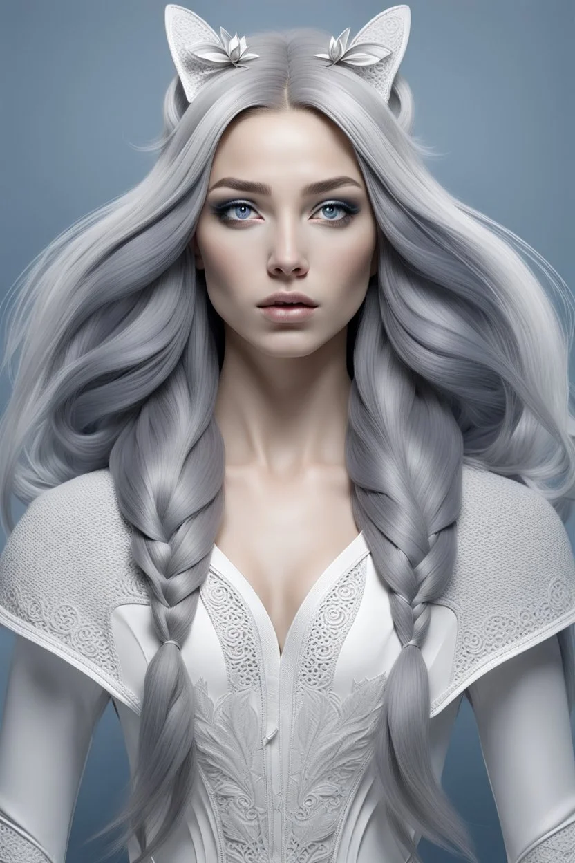 female wolf character portrait with long hair and a large eye, in the style of sculptural costumes, solarization effect, light white and light indigo, matte photo, photo-realistic techniques, fawncore, monochromatic white figures