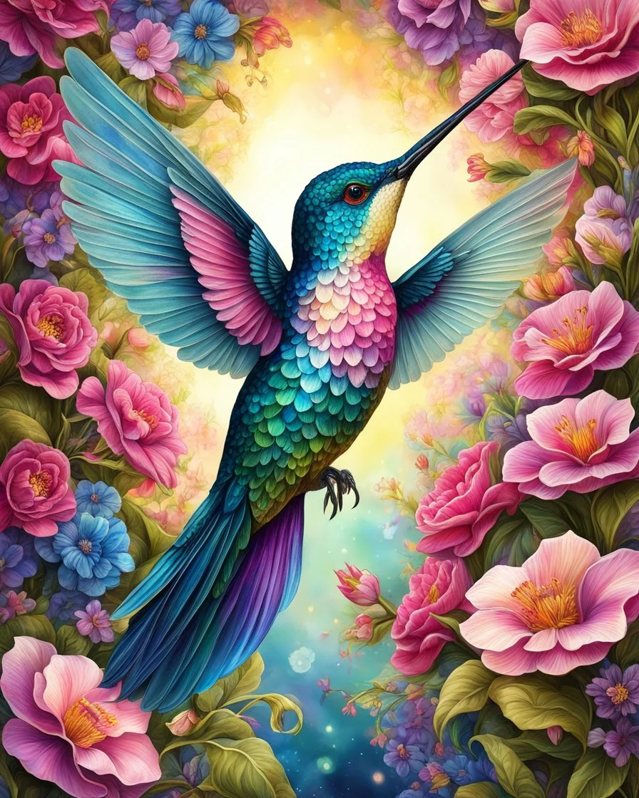 Full body cute floral hummingbird in spring flowers in the style of Josephine Wall, dark pink and beige, colorized, highres, detailed fur, realistic, vibrant, springtime, detailed eyes, professional, atmospheric lighting. High resolution, 8K,