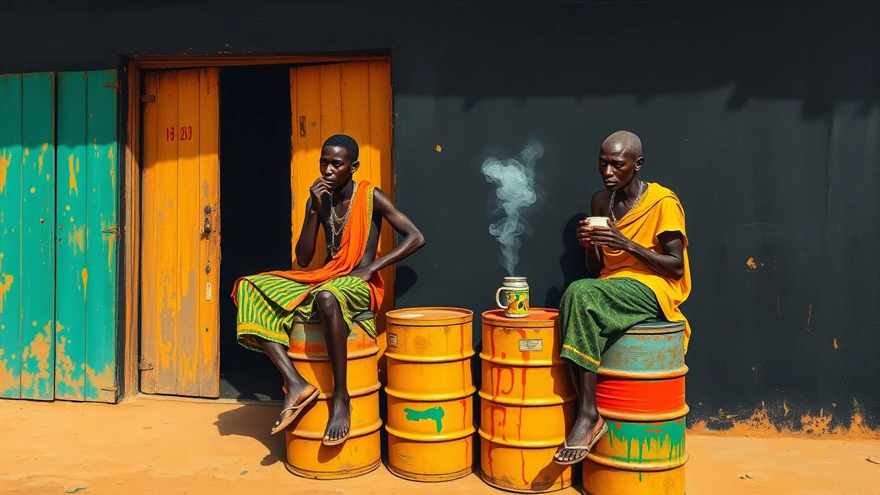 minimalist acrylic impasto painting of two skinny tall young black Somali neighbors sitting on rusty oil barrels drinking steaming coffee, wide angle, dynamic crude brush strokes, dusty yellow heat mood, peaceful vibe, tribal vibe, amazing reflections, amazing verticals, great parallels, warm shades of yellow, orange, green and black with sparse deep red leaks, afrofuturism, vibrant nighthawk people on a black wall, rusty village decay, arafed doors