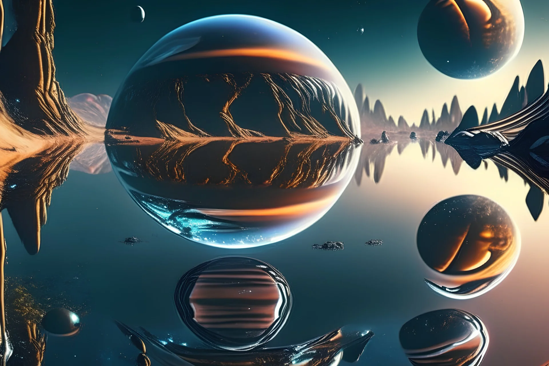 exoplanet, stream, water reflection, people, sci-fi.