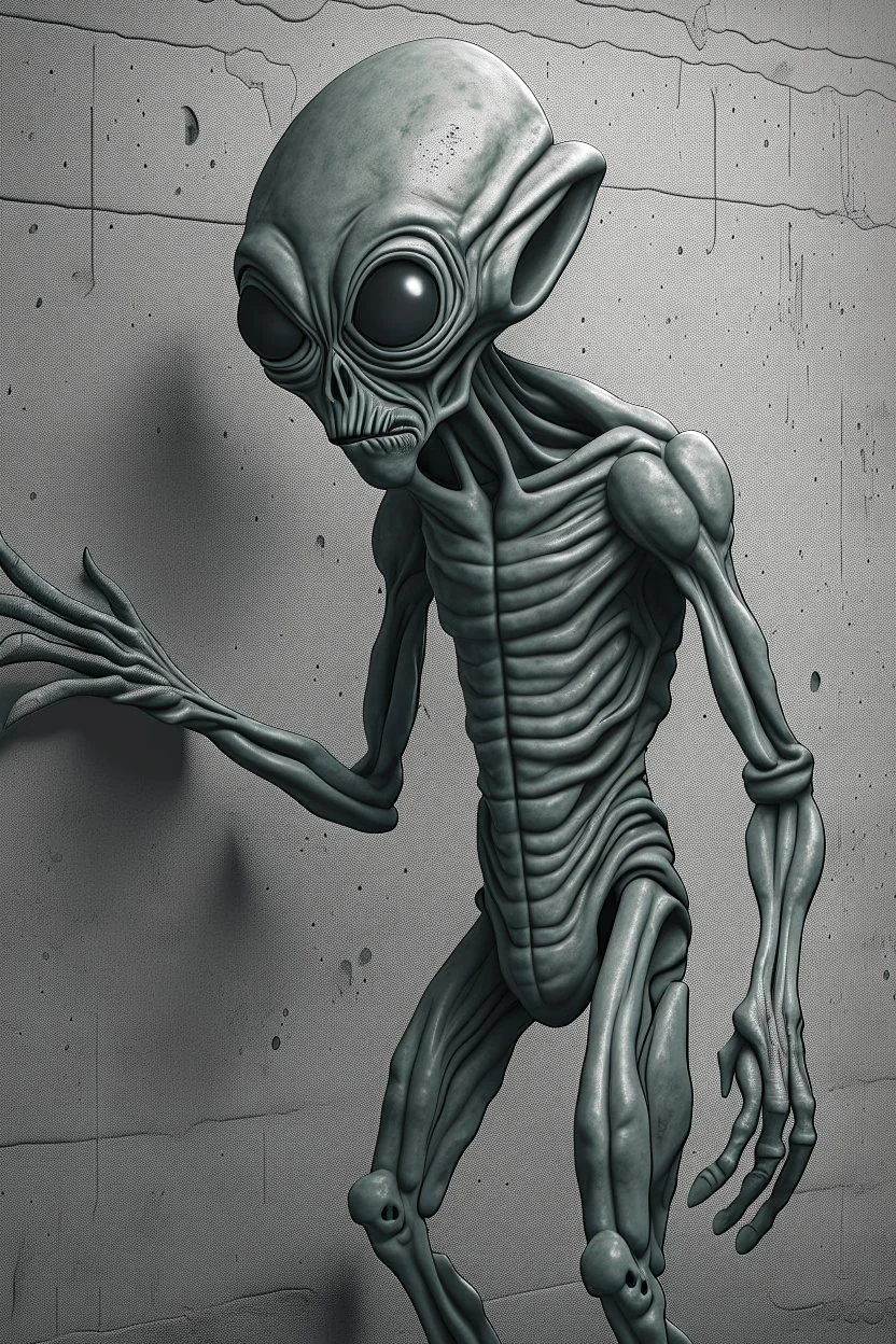 a gray alien standing by a wall pissing back view he turned face write scared