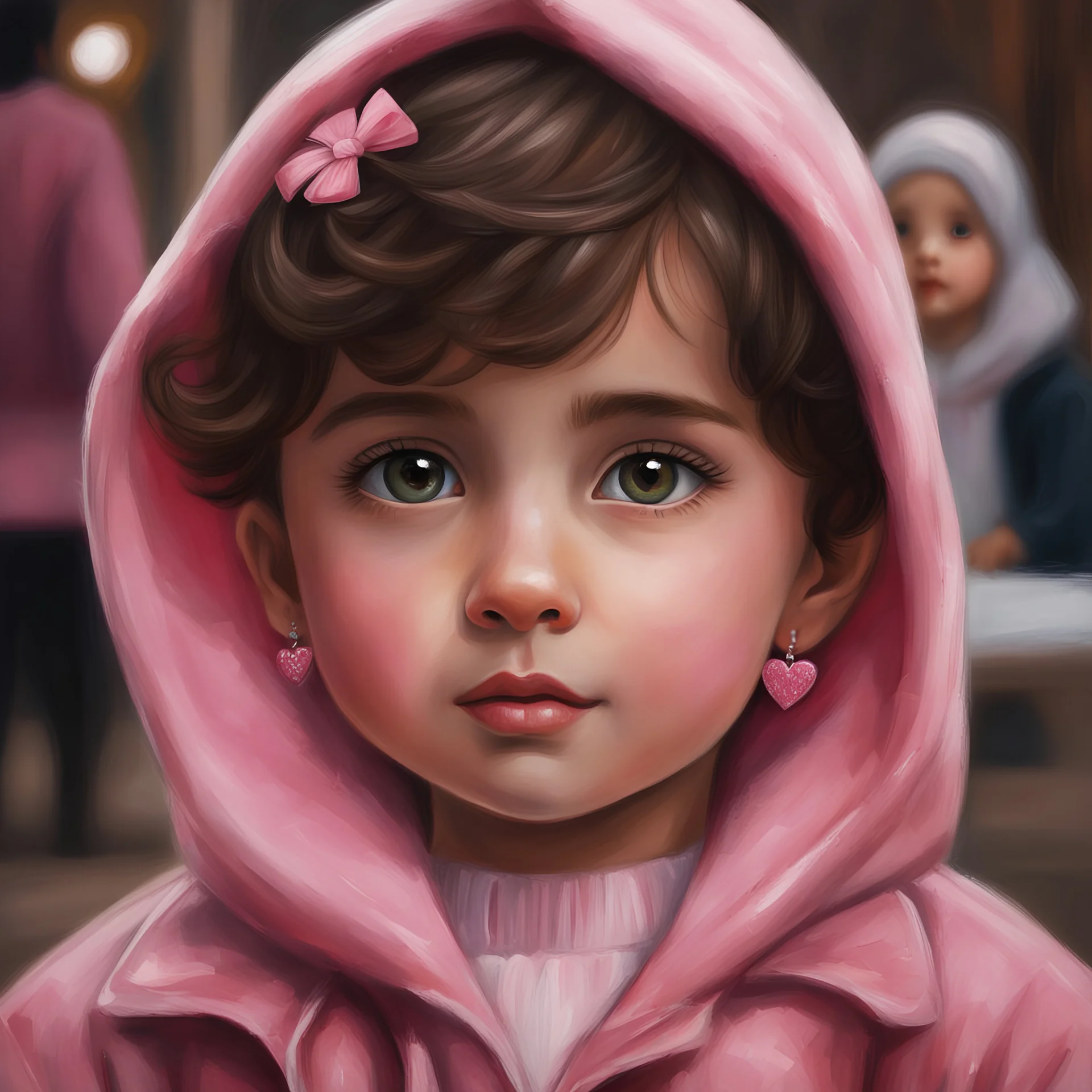 Painting of a little girl with big hazel eyes and short brown hair with a pink jacket and heart earrings, Iranian little girl, 2 years old, adorable eyes, cute face, light colors, adorable little girl, oil pastel, oil pastel painting, oil painting, painting style