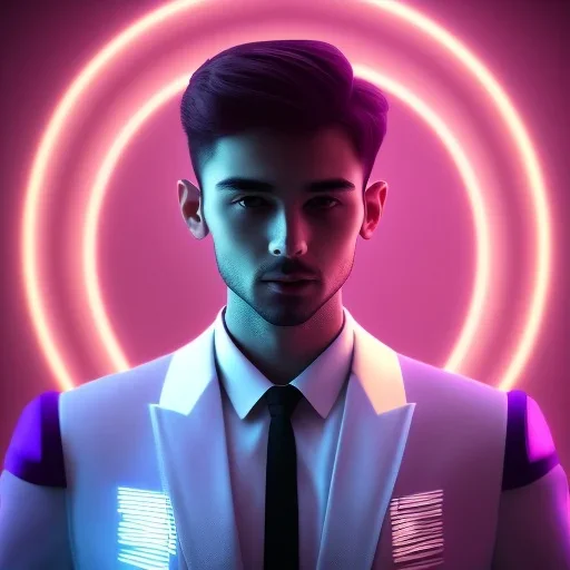 man, cute face, white highlight hair, brown eye, white, skin, purple suits, futuristic, science, purple, blue, dark pink background lighting, technology, profile, asian boy, square face, orange backlight, pug