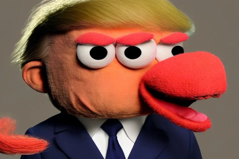 Angry muppet trump in a suit with a spray tan, No tongue. Wearing a MAGA cap, looking forward, nose