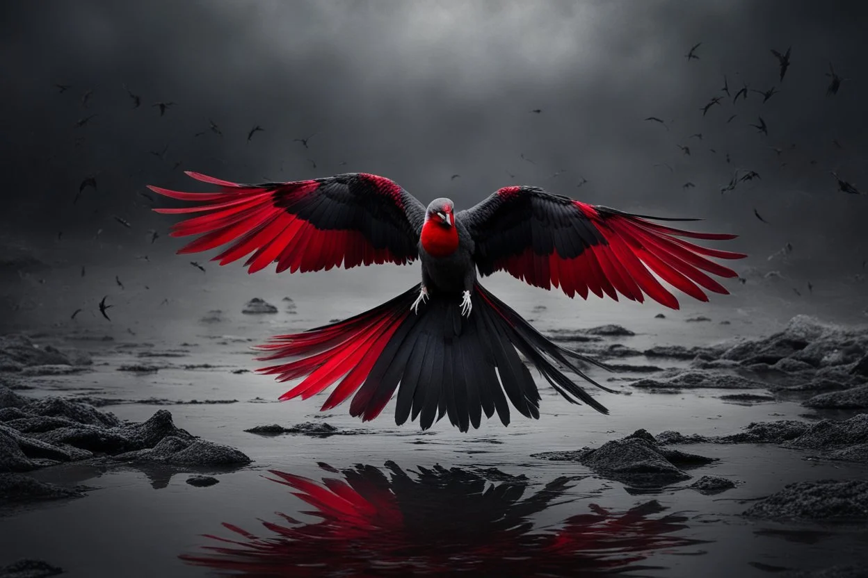 bird, broken wings, dark red feathers, pools of red, black and gray colors, surreal mood, kife and passing away, etheral, natur,, abstract background, pain, loneliness, despair, gray plain wall, cinematic, masterpiece