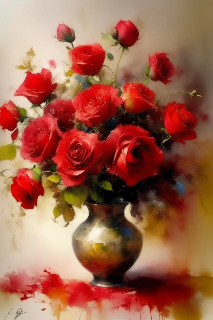 A vase of red roses in the style of artist John Lovett