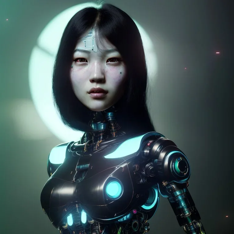  portrait, asian, woman, robot, beautiful, cybernetic, volumetric lighting, dust particles, post-apocaliptical, green eyes, long black hair, ultrahd, 8k, high quality, highly detailed,intricate details, deep