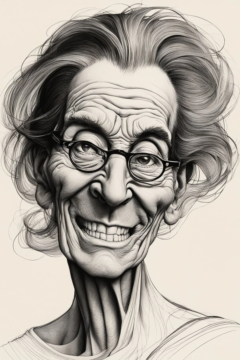 create an ancient blind female with highly detailed and refined facial features, raggedly clothed in the caricature style of Gerald Scarfe, precisely drawn, boldly inked