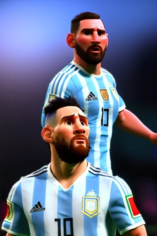 Realistic Messi Argentina soccer player Portrait, mid shot low view, 3d, photo studio, clean background, unreal engine 5, ray tracing, RTX, lumen lighting, ultra detail, volumetric lighting.