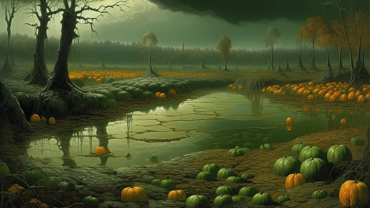 Dark green wetlands with pumpkins painted by John Atkinson Grimshaw