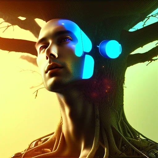 Cyberpunk theme, portrait of Oak tree roots holding man inside, misty sunny day, close-up portrait, symbios