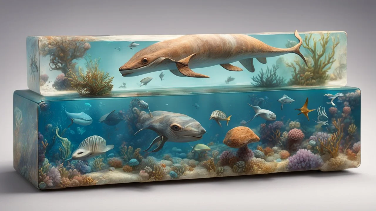 a box 10 cm long by 5 cm wide and 25 cm high, with drawings of animals, sea fauna tress from Subnautica