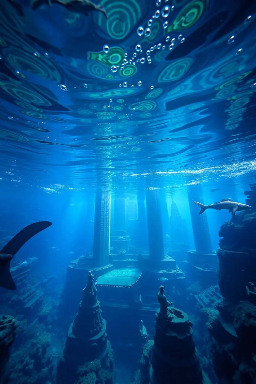 Under water world a city like Atlanta under the water with sharks fish statues and arks , high quality picture with water bluets and a submarine with water bubbles