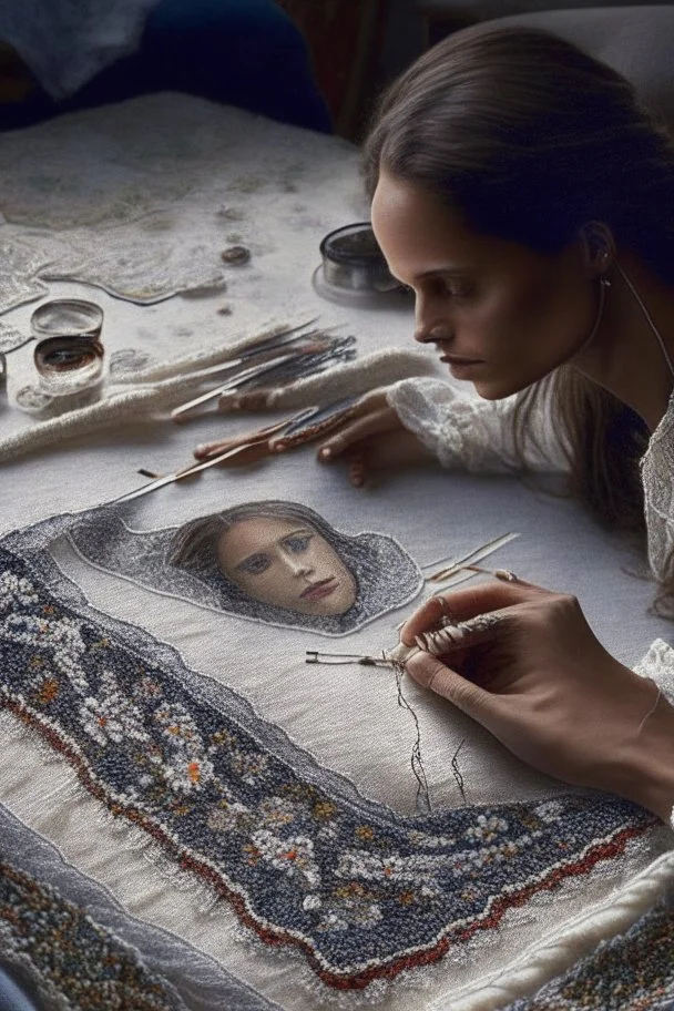 Hand sewn and embroidered Alicia Vikander, threads, sewing needles on a table on lace blanket