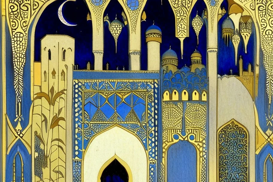 an open gothic_Arab gate in a blue-and-gold-tiled wall with a view of an old city by artist "Beardsley",by artist "Rackham",by artist "Bertha Lum",by artist "Dulac",by artist "Erte"