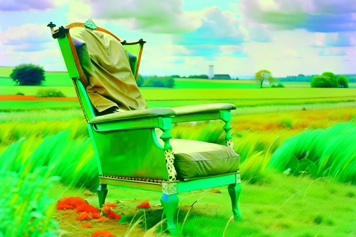 A cow sit on an vittorian armchair in large soft green field, shooted by Cartier-Bresson