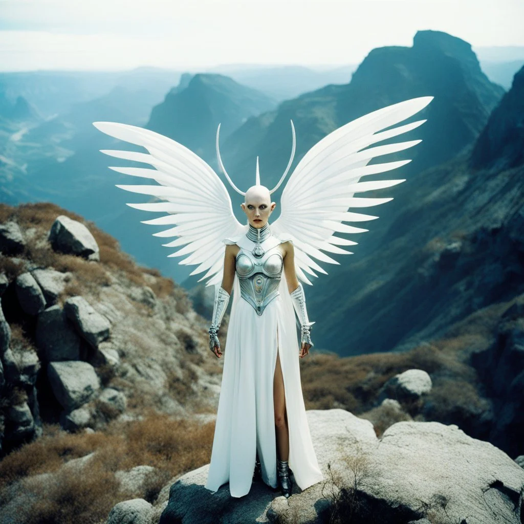 deity insanity: deicide in a Surreal, 35mm film photography featuring a futuristic scene, a woman with 2 big and 2 smaller alien eyes located on the temples, white skin and a bald head, 4 mini wings behind the ear looks like darts, 2 on each side, four wings and 4 eyes located horizontally, and 4 arms. standing on a cliff of mountain. Big waterfall behind, and crystalized rhombus textured pyramidal shining glowing building