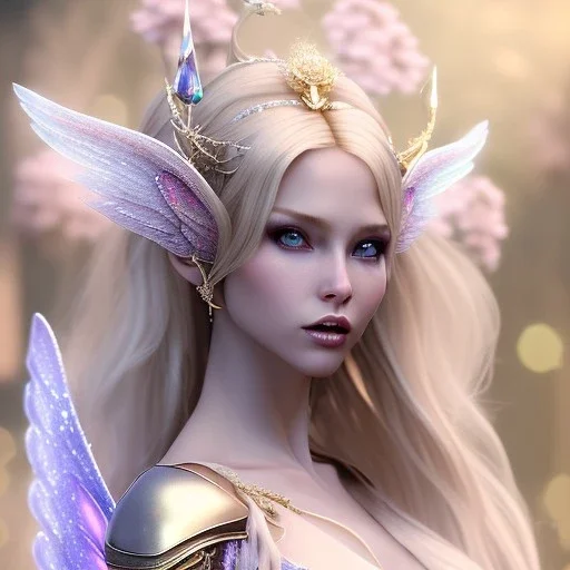 beautiful fairy very etheric, nice smiling, long blond hair, magic glamour pink make up, delicate colors, complete vision of very transparent and big wings, beautiful glamour transparent dress, ultra sharp focus, 8k, unreal engine 5, extremely sharp detail, light effect, soft light atmosphere, smooth, full of details, face in front, complete vision of face and hair and of the body