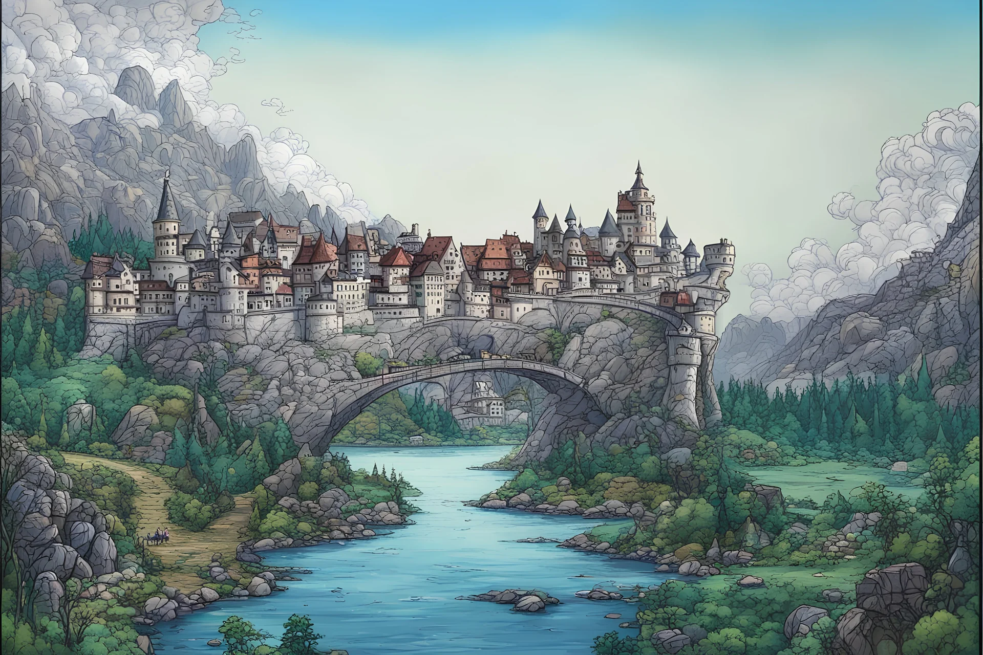 Steampunk town, landscape, river, village, castle, mountains, houses in the rock, archway