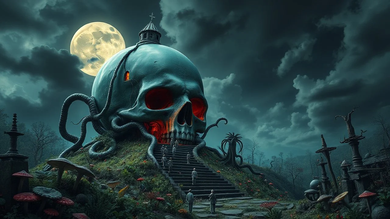 A surreal landscape featuring a massive skull-shaped glossy structure resembling a decayed house, surrounded by twisted vines and glowing head skull. Steps lead up to the entrance, with small humanoid figures scattered throughout a dense, eerie garden filled with unusual plants and fungi. Overhead, a large, ethereal moon illuminates the scene, while stormy clouds loom in the sky, adding to the ominous atmosphere.