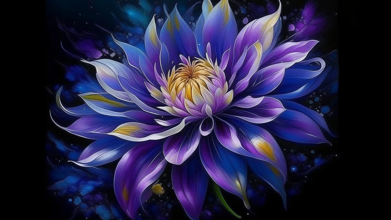 This artistic piece is an embodiment of beauty and harmony. It expertly blends the colors of the spectrum to create a mesmerizing effect that captivates both the eyes and the mind. The focal point of the artwork is a single flower, a deep lilac blossom with its delicate petals gleaming under the moonlight. The vibrant colors harmonize with the dark background in a way that creates a splendid contrast. The vibrant colors harmonize with the dark background in a way that creates a splendid contras