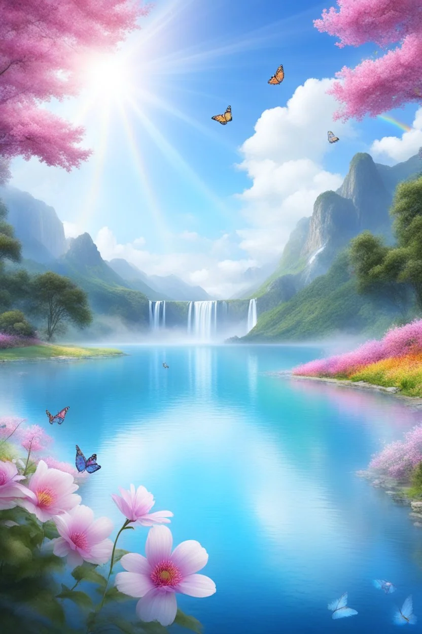 fantastic,Beautiful garden, flowers,rainbows, cascades arc en ciel, papillons colorés