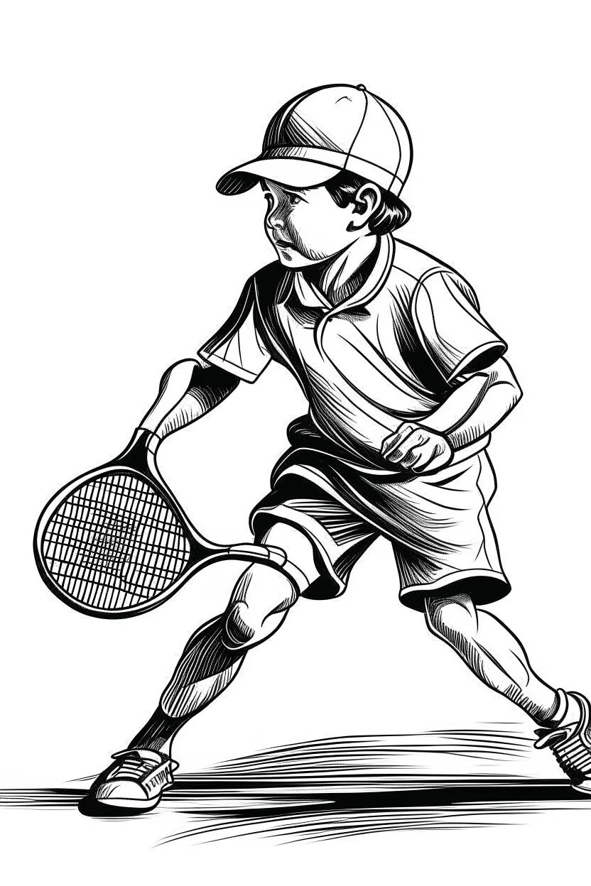 A black and white image of a classic tennis player KIDS performing a backhand swing on a grass court. Style: Vintage Photography, Mood: Timeless and Skillful, Lighting: Sunlight with soft shadows, T-shirt design graphic, vector, contour, white background.