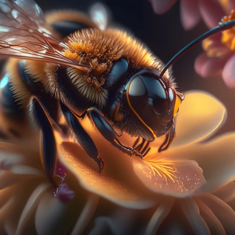 close-up macro photography of a beautiful honey bee on nice flower, centered, ultra realistic, artstation, unreal engine 5, octane render , close up portrait photo by Annie Leibovitz, film, studio lighting, detailed skin