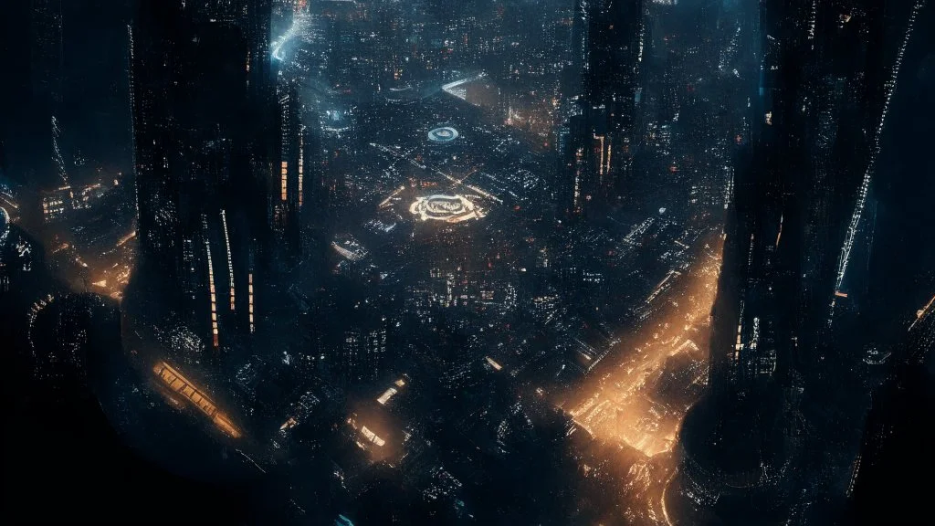 dark cyberpunk city from above the sky, comic style