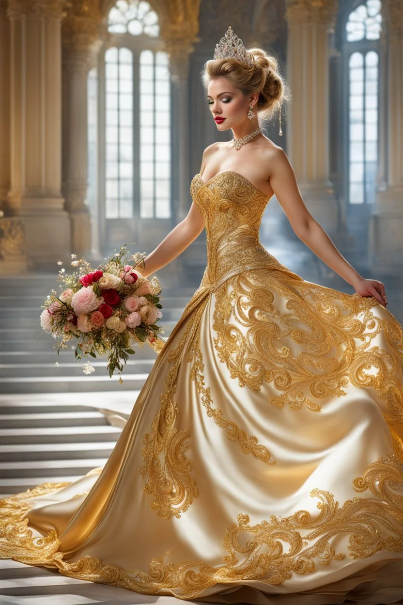 Photography realistic Beautiful Cinderella, wearing a magical gown of swirly flowing marble water gold filigree curlicues, flowering flowers, bloom, sparkle, ornamental gilt, diamonds, rubies, emeralds, sapphires, beautiful, delicate, intricate, elegant, graceful, shiny, Hyperrealism, Rococo, expressive, spherical, zoom out, volumetric lighting