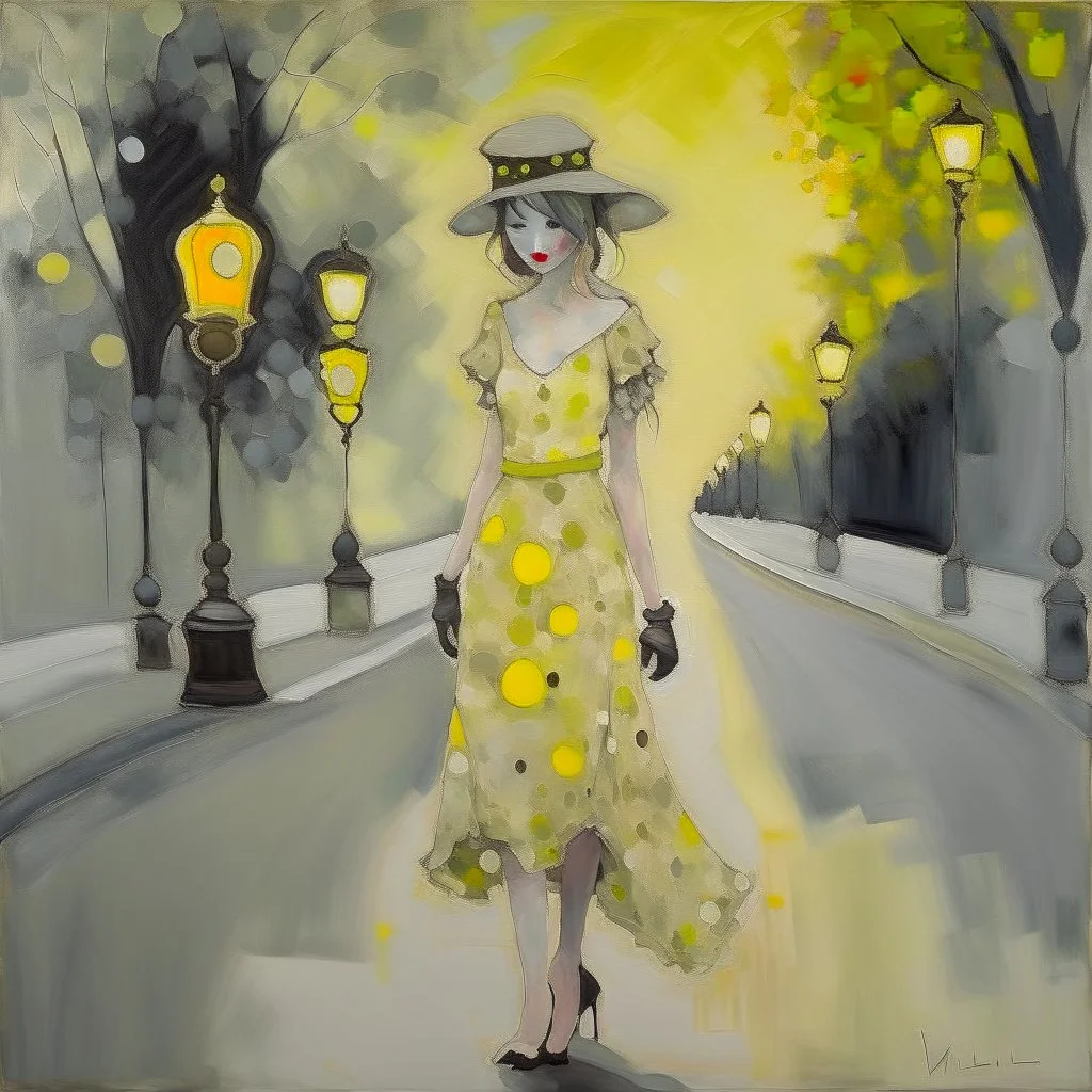 Whimsical and crazy painting of a full body young woman in a soft and dreamy style. The figure standing in the boulevard under a gas lamp shining a pale yellow light is shown in shades of gray and white, with red and yellow dots for emphasis. She wears a flowing black muslin dress and a black wide-brimmed hat, which gives her a graceful and elegant look. The background is abstract, with dull tones that blend together to create a misty atmosphere. Large, stylish red flowers frame the scene, with