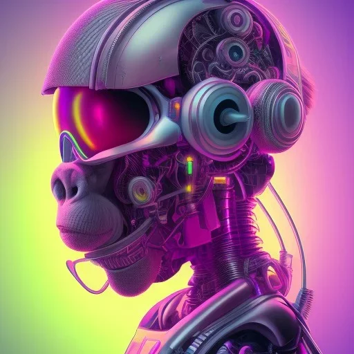 A beautiful portrait of a cyborg monkey purple neon color scheme, high key lighting, volumetric light high details psychedelic background