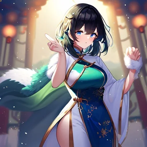 Clear focus,High resolution, Black short fluffy hair, and blue eyes, wearing a Chinese Traditional outfit dark green with black, Blushing, Hand up, white fur around her neck