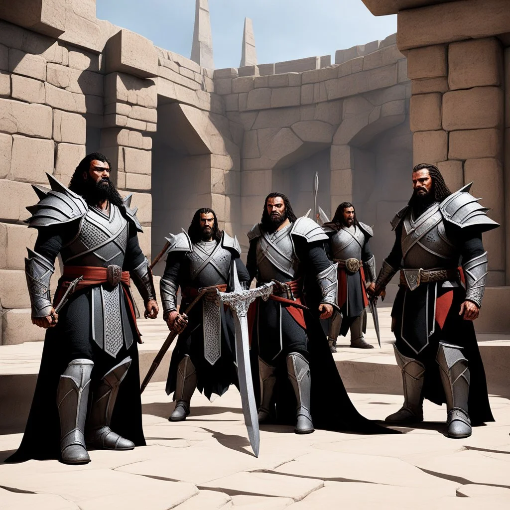 Four Klingon warriors gather in the stone courtyard of a fortress on Qo'noS, checking their traditional weapons before the battle. On the left, a warrior tests the weight of his massive bat'leth, while his comrades sharpen their d'k tahg daggers and mek'leth blades. Armor of leather, fur and spiked steel, braided hair, and banners of the Empire blowing in the cold mountain wind. No phasers. No mercy. Only Kahless' legacy. Inspired by Star Trek TNG / DS9 Klingon culture.