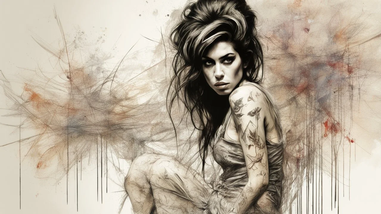 amy winehouse Stunning art masterpiece Basic style of horror, Overhead, hyper detailed, multi-layered illustration, in a highly detailed elegant unbuttoned dress, dynamic seductive pose, accentuating perfect anatomy, impressive concept by Carne Griffiths and Wadim Kashin, dynamic, highly detailed, symmetry, airbrush graffiti technique, high definition illustrations, soft and sharp focus, accent lighting, bold paint colors, symmetry, painted, intricate, volumetric lighting, beautiful masterpiece