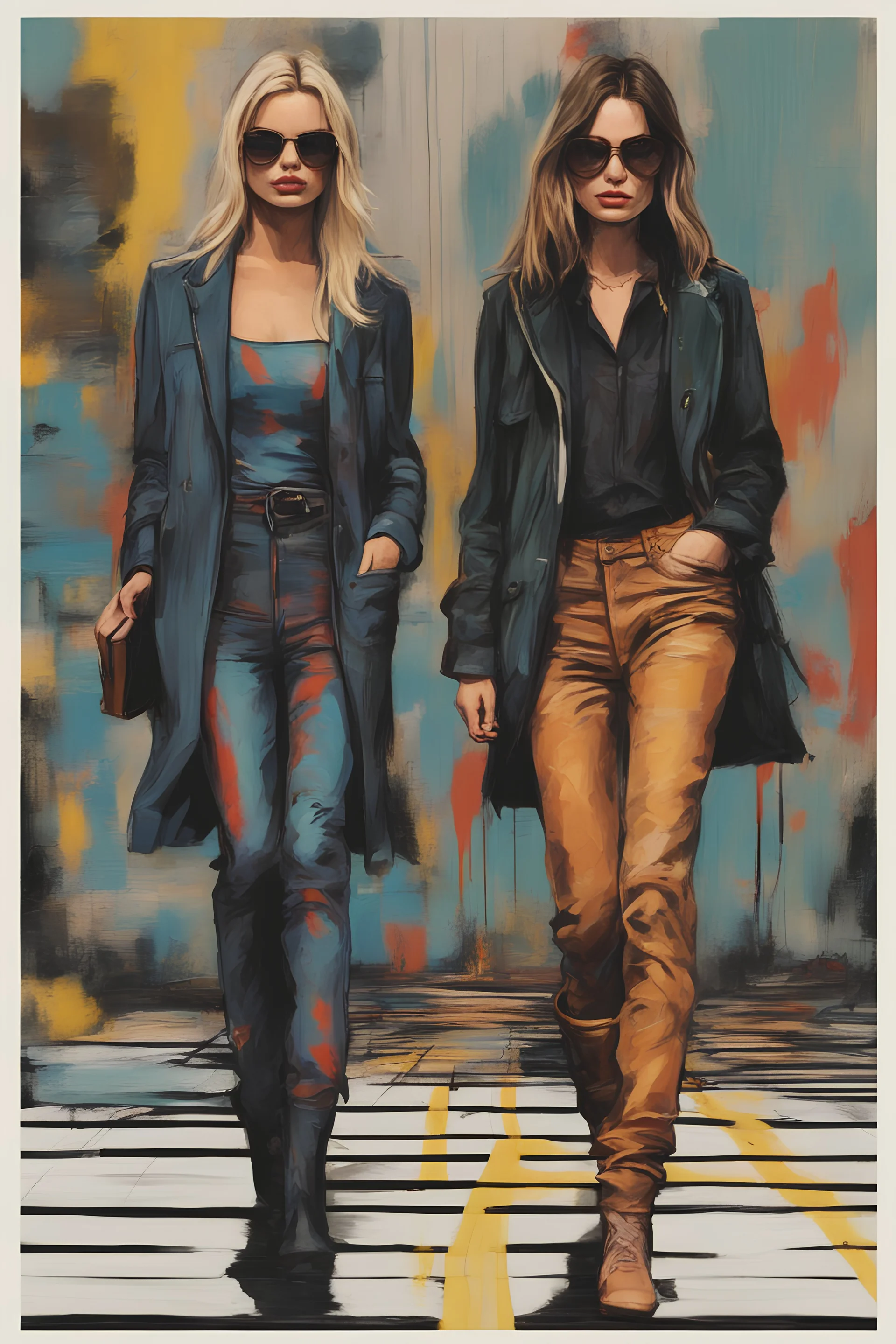 Margot Robbie and Emily Ratajkowski of lovely bombshells walk in themetro station", Jean-Michel Basquiat style, dark expressionism style,highest quality gorgeous ultra sharp 8k uhd smooth sharp focus highly detailed society artstation hq behance hd trending on art forum