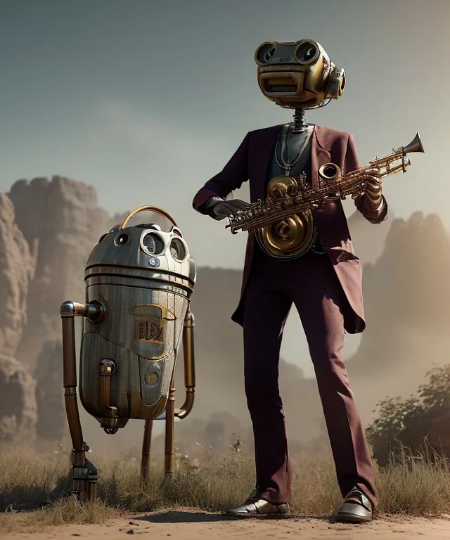 happy mechanoid person playing jazz with a steampunk theme, realistic