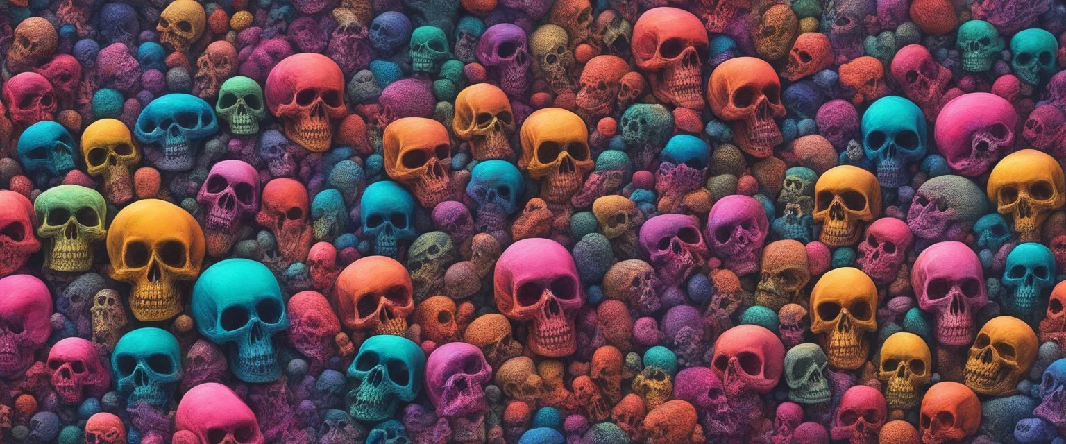a field of 1000s of psychedelic psilocybin induced anatomically correct, skulls, vivid RANDOM BRIGHT neon colors, dark comedy, well lit, high detail, photorealistic, horrorcore, fun, scary, none featured, each a different color or hue, close to anatomically correct