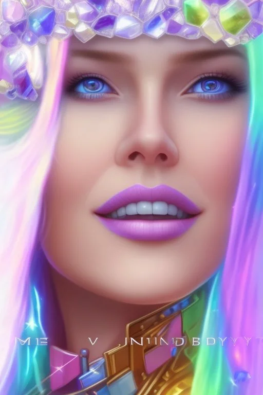 cosmic woman smile, admiral from the future, one fine whole face, crystalline skin, expressive blue eyes,rainbow, smiling lips, very nice smile, costume pleiadian, Beautiful tall woman pleiadian Galactic commander, ship, perfect datailed golden galactic suit, high rank, long blond hair, hand whit five perfect detailed finger, amazing big blue eyes, smilling mouth, high drfinition lips, cosmic happiness, bright colors, blue, pink, gold, jewels, realist, high commander,ufo rainbow