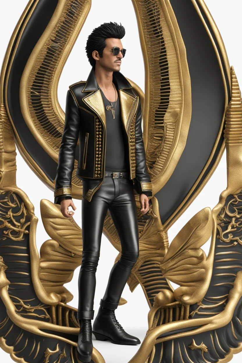 Full body rocker guitarist man using A high detailed 3d render of a black and gold long black leather jacket.