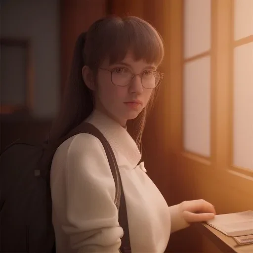 Study girl in university by the room, on book, movie, real photo realistic, unreal engine, cinematic lighting --ar 1:1 creative