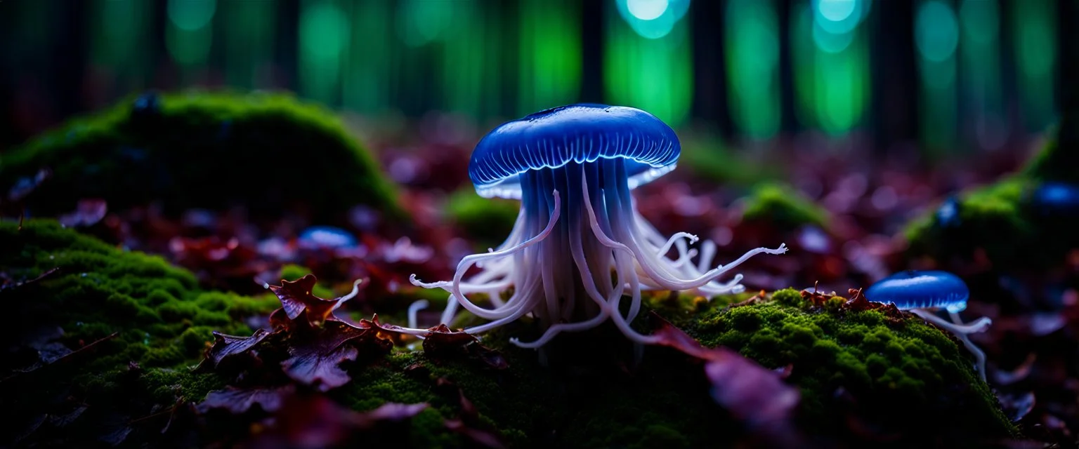 JellyFish Fungus, fungal,bio luminous, floating in a forest, Alberta, scientist, Dystopian, Hyper detailed, Realistic, Extreme depth of field, bokeh blur, Alberta all-natural, in the style of candid, imperfection, natural lighting, cinematic, Fuji Film, Anamorphic lens, 2040s, --ar 4:5 --w 150 --style raw