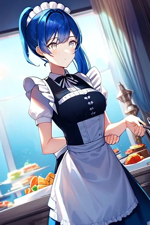 girl, masterpiece, best quality, cinematic lighting, detailed outfit, vibrant colors, perfect eyes, blue hair, long hair, white eyes, ponytail, maid, indoors, looking up, food,