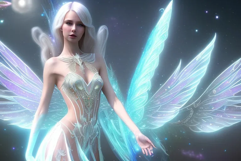  beautiful cosmic fairy, long hair, nice smiling, transparent wings, magic glamour make up, delicate colors, beautiful glamour galactique dress, ultra sharp focus, 8k, unreal engine 5, extremely sharp detail, light effect, soft light atmosphere of a spaceship, smooth, full of details, face in front, complete vision of face and hair and body